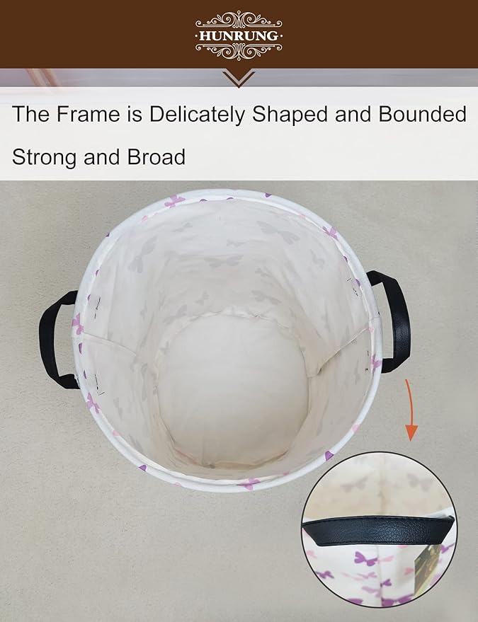 Collapsible Fabric Storage Basket, Waterproof Laundry Hamper with Handles, Round Storage Bin for Clothes Toys, Foldable Organizer for Bedroom Nursery Bathroom(Round-Purple Butterfly)