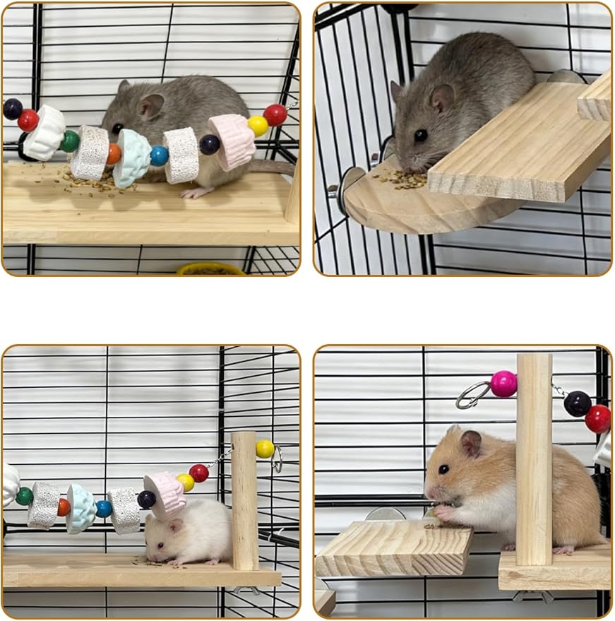 Chinchilla Ledges Wood Sets, Hamster Wooden Stand Platform with Lava Ledge Blocks Chew Toys Small Animal Cage Accessories for Rat Gerbil Guinea Pig Chipmunk Squirrel Mouse
