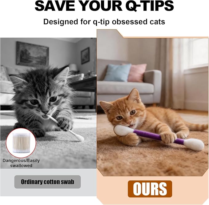 Cute Giant Qtip Cat Toy with Catnip - 6 Pack | Durable for Chew, Interactive Cat Chew Toys for Boredom Relief & Play | Filled w/Organic Catnip for Anxiety & as Digestive Aid | Perfect Kitten Gift