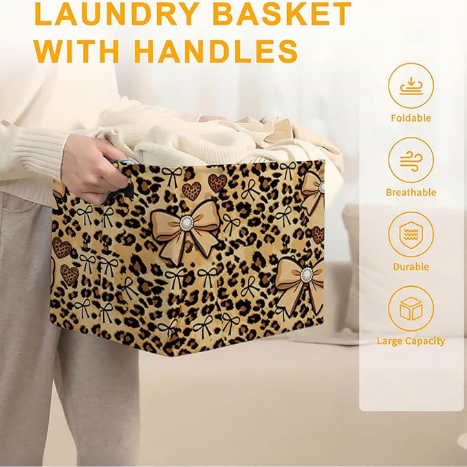 56L Leopard Print Bows Laundry Basket Clothes Hamper with Handles,Foldable Blanket Storage Large Laundry Hamper with Waterproof PE,Toy Storage Bin Organizer,Cube Clothes Organizer,Home Decor