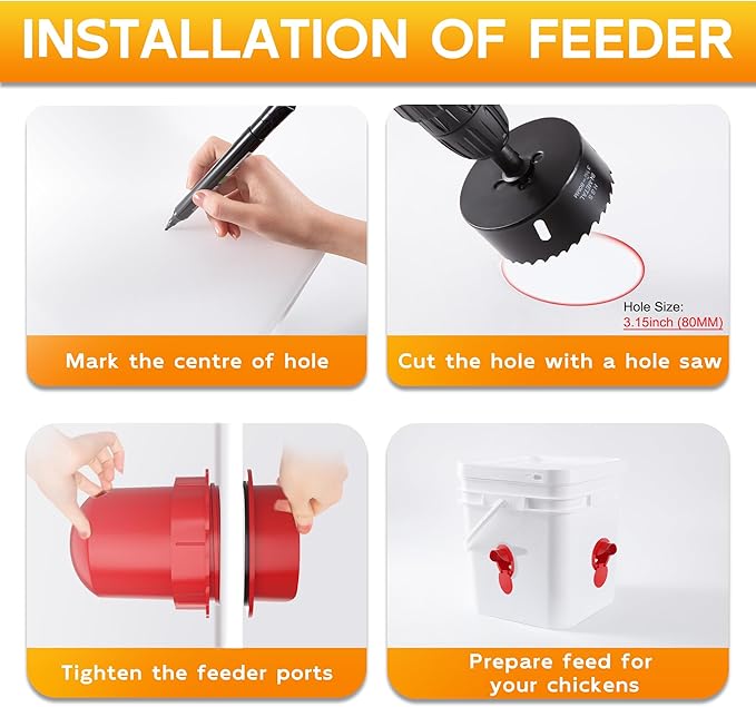 Chicken Feeder Port 12 Pack - No Waste DIY Poultry Feeding Kit with Stopper Lid & Hole Saw, Reusable Rain Proof Automatic Coop Gravity Feeder for Hens Ducks Geese (Red)