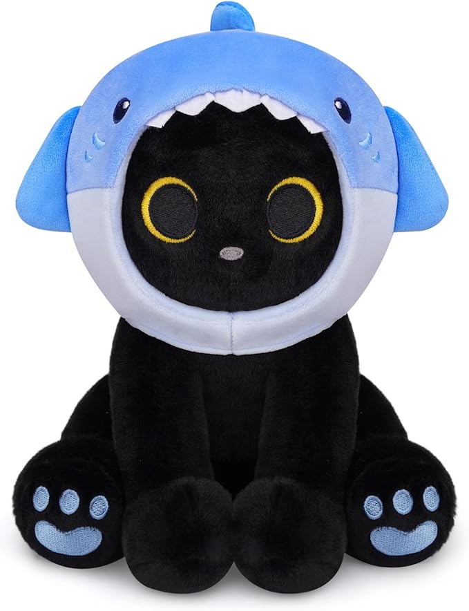 Shark Plush Stuffed Cat, 8inches Black Cat Plush with Blue Shark Hood Removable, Cute Plushies Kawaii Cat Stuffed Animal Doll Toy Valentines Day Gifts for Kids Boys Girl