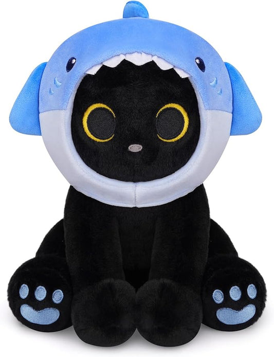 Shark Plush Stuffed Cat, 8inches Black Cat Plush with Blue Shark Hood Removable, Cute Plushies Kawaii Cat Stuffed Animal Doll Toy Valentines Day Gifts for Kids Boys Girl