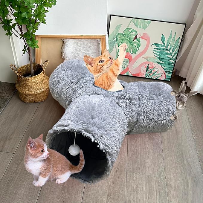 3-Way Collapsible Cat Tunnel Tube Toy Grey Plush — Interactive Play Tunnel with Hanging Ball & Peek Hole for Indoor Cats, Kittens, Puppies & Rabbits | Hours of Fun & Exercise