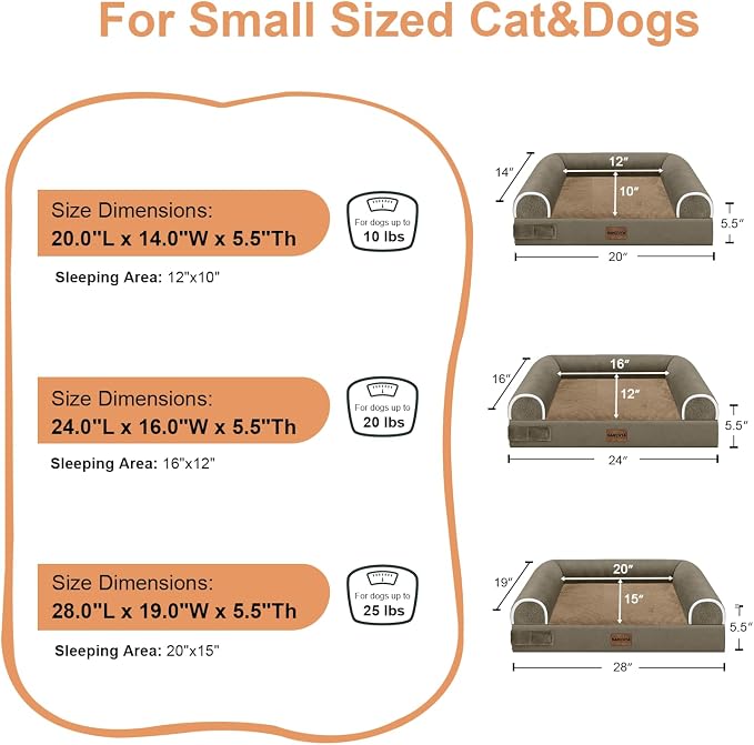NANUYA Orthopedic Dog Bed for Small Dogs, 24 x 16 Inch, Brown | Egg crate foam for joint support, 3-sided bolster pet sofa, waterproof lining, washable cover, and non-skid base