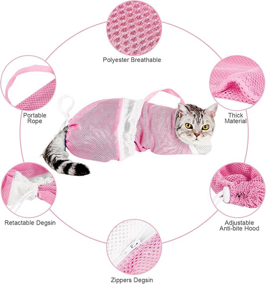Cat Bathing Bag Adjustable Cat Grooming Net Bag Anti-bite & Anti-Scratch Cat Bath Washing Restraint Bag, Breathable Mesh Cat Grooming Bag for Shower, Nail Trimming, Injection