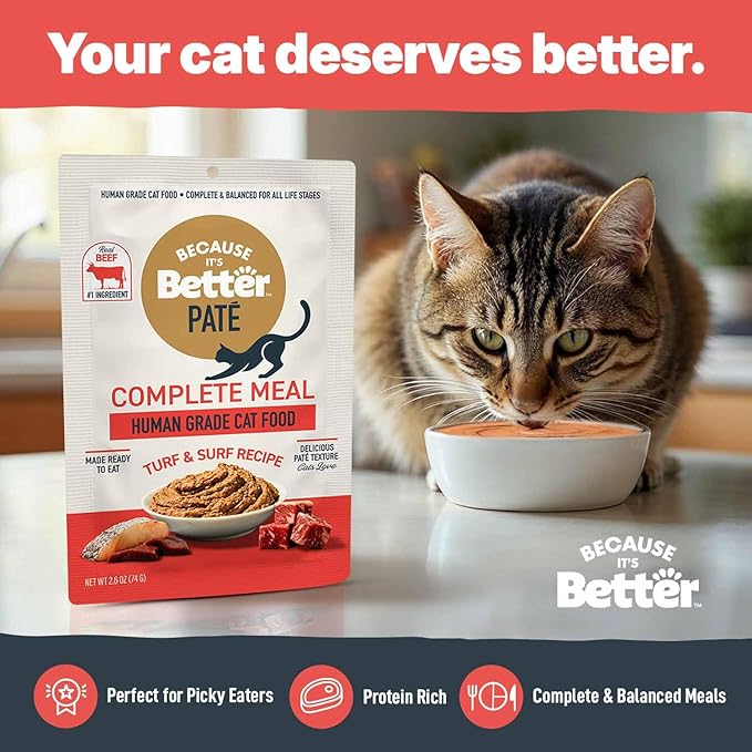 Because It’s Better Pate Complete Meal - Wet Cat Food - Turf & Surf Recipe - Organic, Balanced, Smooth Pate Texture, Human-Grade Ingredients, Grain Free, 2.6 oz Pouches (12 Count)