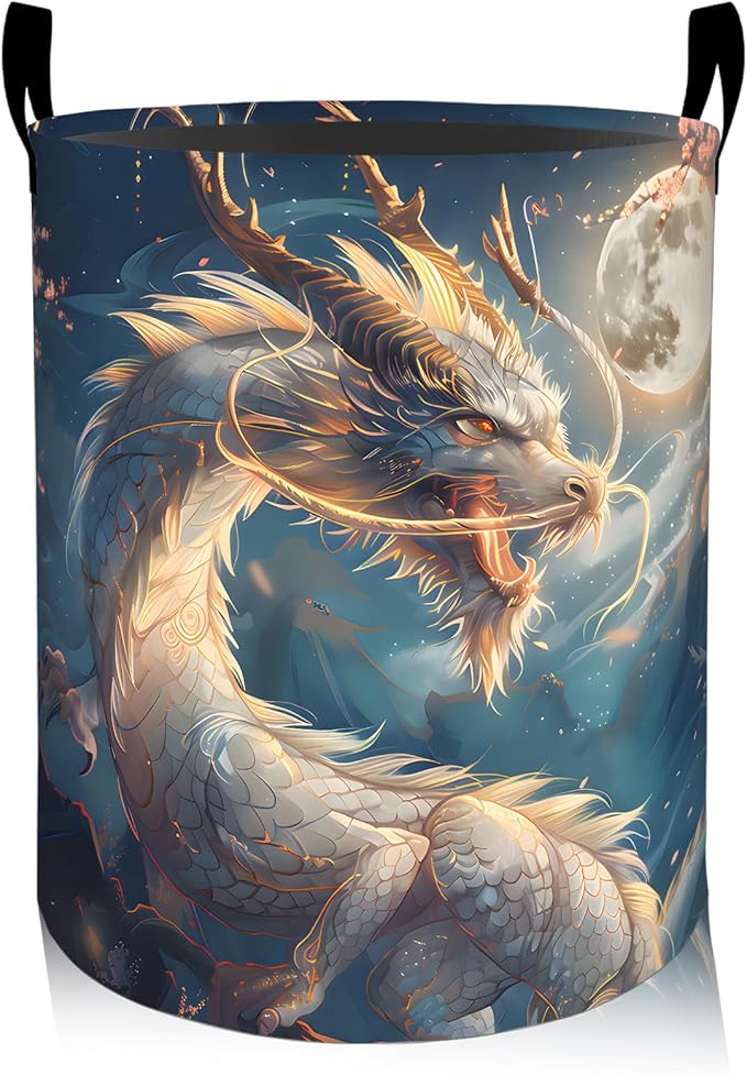 Mythical Dragon Floral Laundry Basket, Oxford Cloth Fantasy Dirty Clothes Collapsible Hamper for Room Decor, Moon and Flower Print Gifts Toy Organizer 19.7*15.8 Inch for Bedroom Bathroom Dorm
