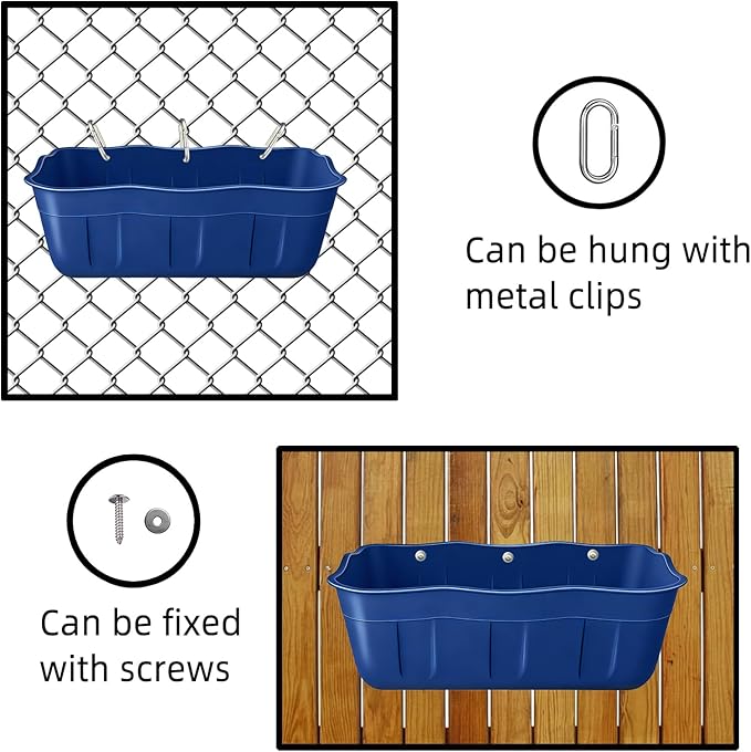 Hanging Goat Feeders,Chicken Feeder Waterer,Large Feed Trough 7.5 Quart 6 Pack,Hanging Fence Feed Trough for Poultry Livestock,Blue