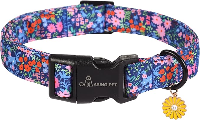 ARING PET Floral Dog Collar, Cute Blue Pink Orange Spring Summer Flower Doggy Pet Collars for Puppy Small Medium Large Girl Female Dogs-L