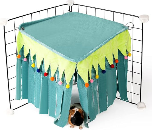 Guinea Pig Hideout - Guinea Pig Corner Hideout, Four-Sided Fringes, Square Top and Washable Hides, Ideal Hides for Small Pets, No Metal Fences, Green