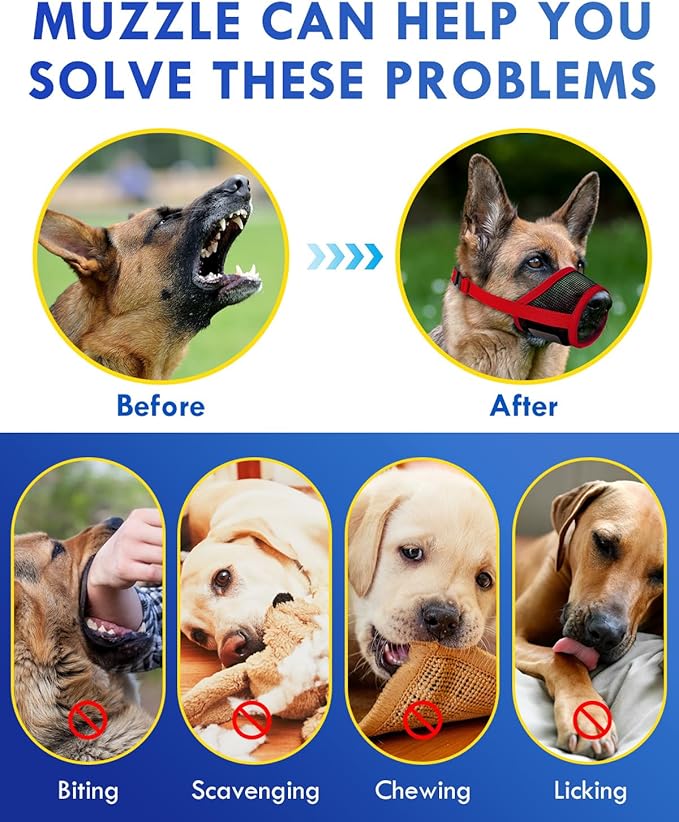 Dog Muzzle, Soft Air Mesh Muzzles for Small Sized Dogs, Breathable Dog Mussels for Scavenging Biting Licking & Barking, Adjustable Mouth Guard for Grooming, Allows Panting and Drinking (Red,S)