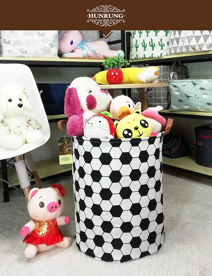 Collapsible Fabric Storage Basket, Waterproof Laundry Hamper with Handles, Round Storage Bin for Clothes Toys, Foldable Organizer for Bedroom Nursery Bathroom(Roud-Football)