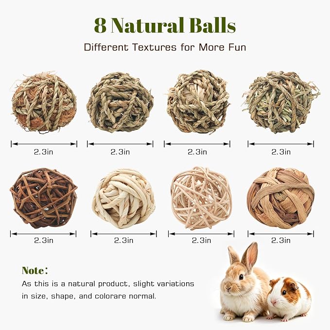 8 Pcs Bunny Chew Grass Balls, Hangable Natural Handmade Enrichment Toys for Teeth Grinding, Enrichment Treats for Rodents Rabbits Guinea Pigs Chinchillas Hamsters Mice, Rolling Chew Toys (2.4") (8pcs)
