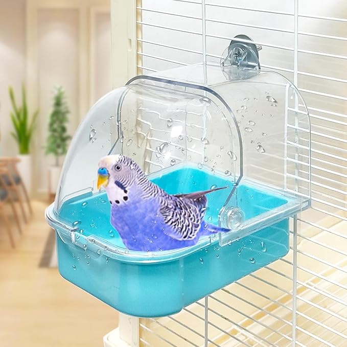 Bird Bath for Cage - Spacious Parakeet & Parrot Bathtub with Hanging Hooks, Portable Shower for Most Birdcages, Cleaning Pet Supply (Blue)