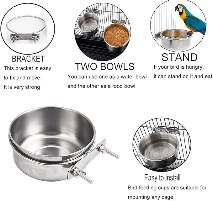 Bird Bowls for Cage Stainless Steel, Parakeet Feeding Dish Cups with Clamp Holder, Hanging Hamster Foraging Food Water Bowl for Parrot Cockatiel Budgies Bunny Hedgehog Dog Cat (5.5*2.2inch,Silver)