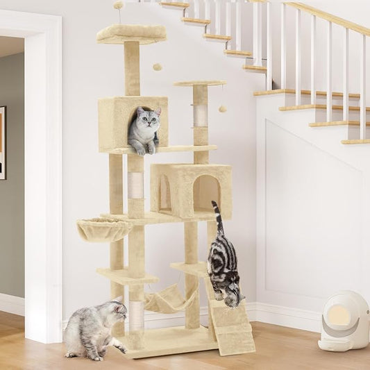 YITAHOME 190.5 cm Tall Heavy Duty Cat Trees for Large Cats, 75inch Maine Coon Tower Indoor with Scratching Post, Hammock, Cat Condo for Adult Cats,Beige