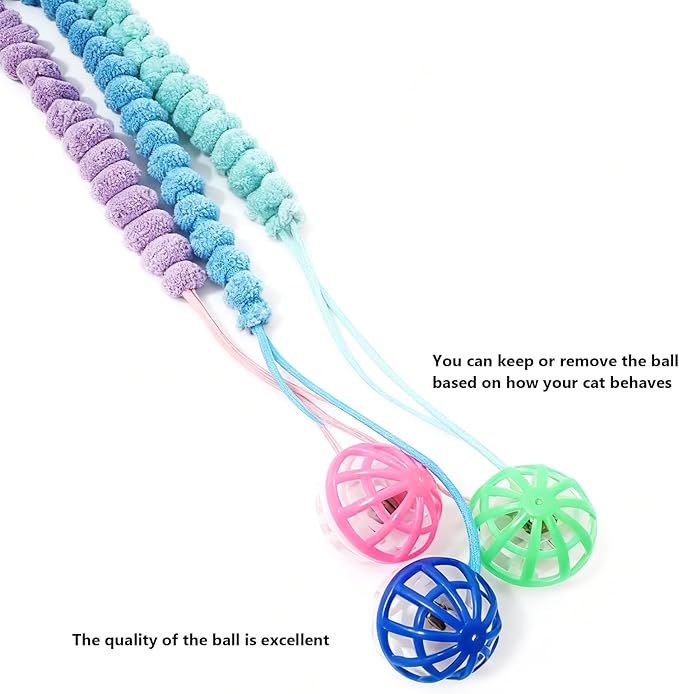 IUHKBH Cat Teaser Wand Toys 3 Pack - Soft Plush Rope with Jingle Bell Ball Tail, Interactive Kitten Play Toys for Indoor Cats, Safe Handmade Exerciser Toys for Fun & Bonding