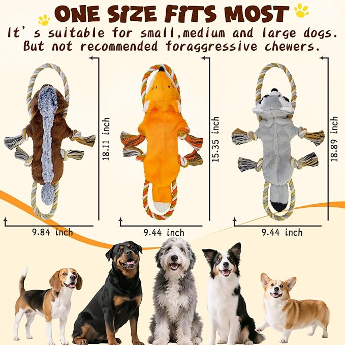 Dog Squeaky Toys, No Stuffing 3-Pack Toys, Rope to Keep Puppy Busy, Perfect for Tug of War Game, Animal Shapes Dog Toys Bundle for Large, Medium Puppies.(Raccon, Honeybadger, Fox)