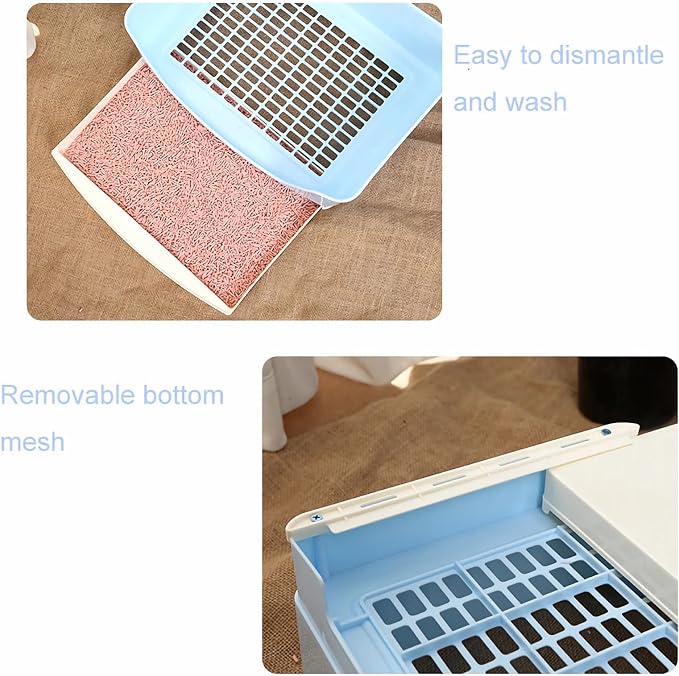 Large Rabbit Litter Box,Corner Potty Trainer with Drawer for Small Animals, Easy Clean Bedding Toilet for Adult Bunny, Guinea Pig, Ferret, Hamster (Blue)
