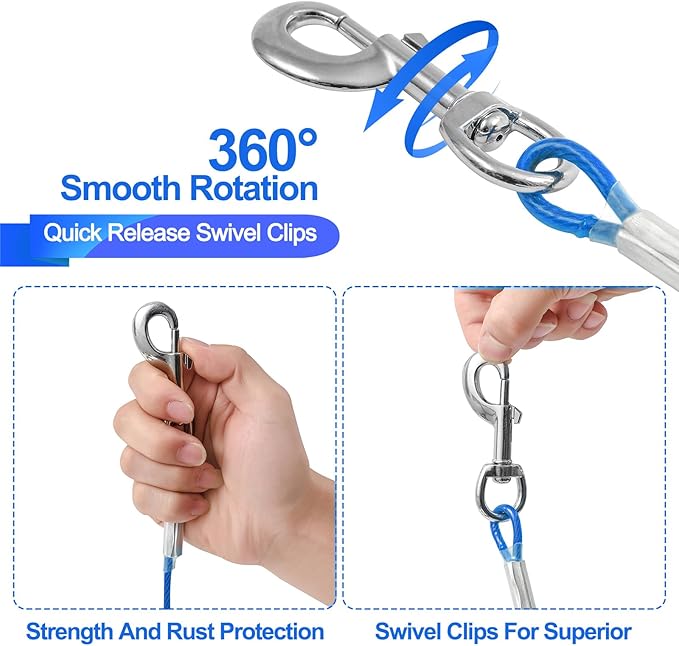 Tie Out Cable for Dogs,10/20/30/50/100FT Dog Leads for Yard Chew Proof,Heavy Duty Tie Out Cable for Large Dogs Up to 125lbs,Dog Runner Tether (Blue, 125Ibs 30ft)