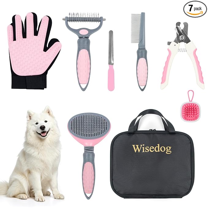 Wisedog Dog Grooming Kit, Upgraded Pink, 7PCS | Cat Nail Clipper with Nail File, Dematting Comb for Dogs, Flea Comb, Bath Brush, Hair Removal Mitts