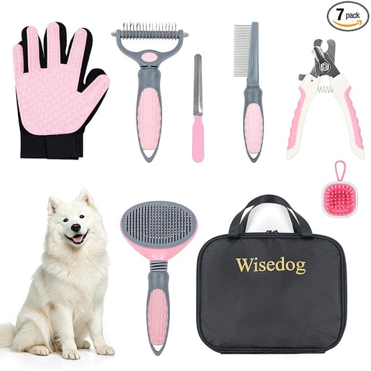 Wisedog Dog Grooming Kit, Upgraded Pink, 7PCS | Cat Nail Clipper with Nail File, Dematting Comb for Dogs, Flea Comb, Bath Brush, Hair Removal Mitts
