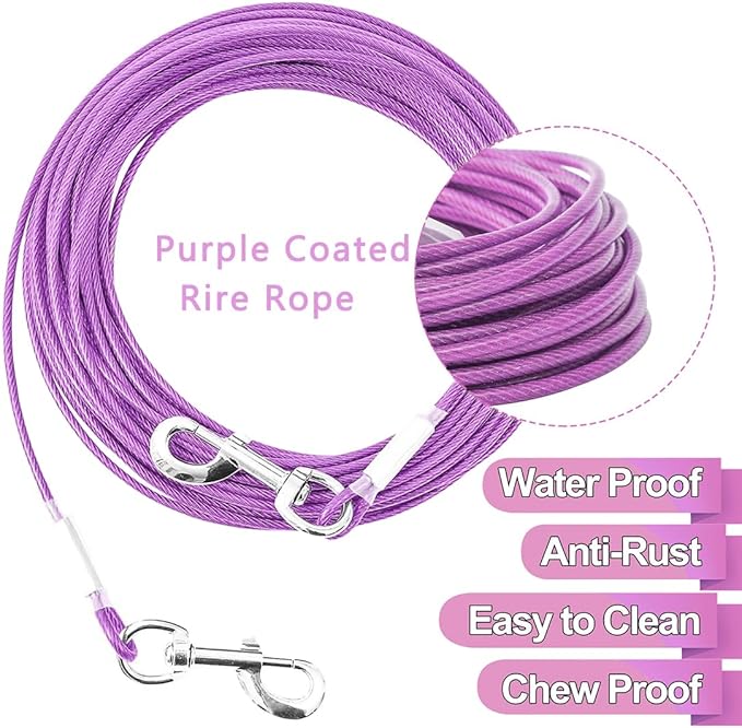 Tie Out Cable for Dogs,10/20/30/50/100FT Dog Leads for Yard Chew Proof,Heavy Duty Tie Out Cable for Large Dogs Up to 125lbs,Dog Runner Tether (Purple, 125Ibs 30ft)