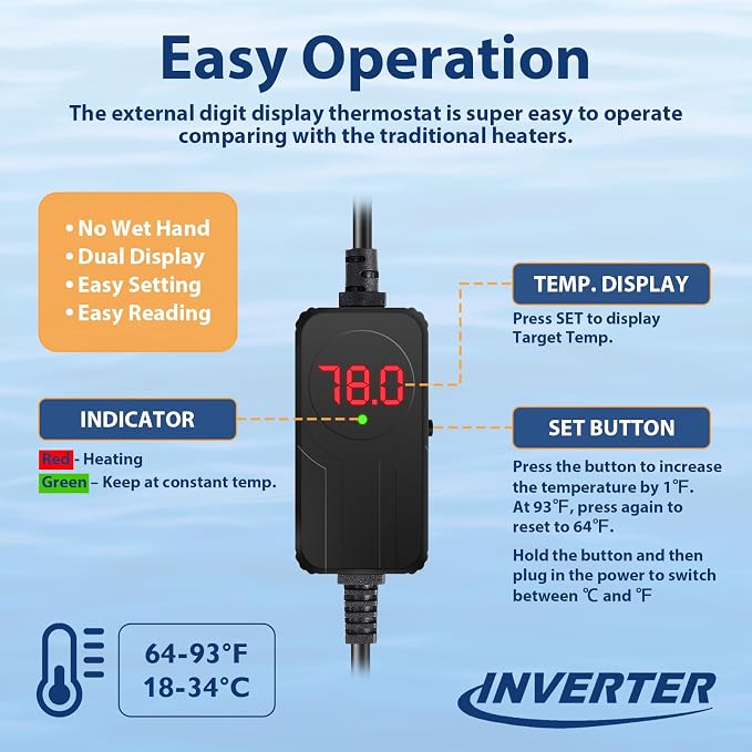 AquaMiracle Submersible Aquarium Heater with LED Digital Temp Display, Fish Tank Heater with Dry-Run & Over-Temp Protection, for Freshwater Saltwater Aquariums(100W/10-20Gal)