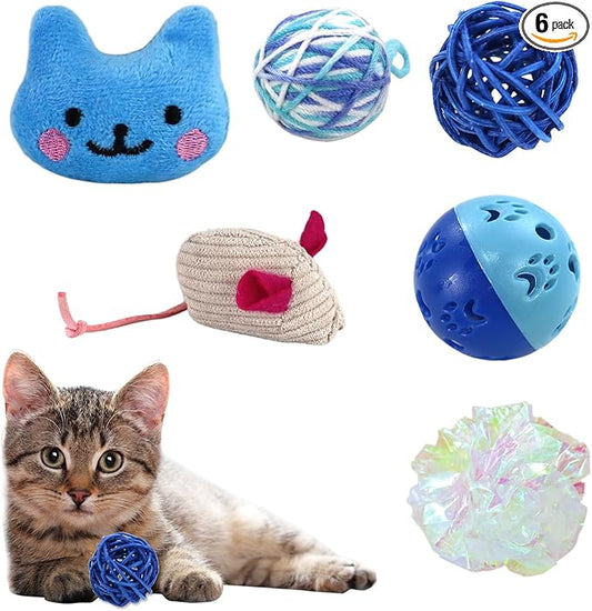 Andiker 6Pcs Cat Toy Pack, Cats Toy Set with Crinkle Balls, Pet Bell Balls, Pet Mouse Toy and Rattan Ball Stimulate Cats Hunting and Chasing Instincts Interactive Kitten Toys for Indoor Cat (Blue)