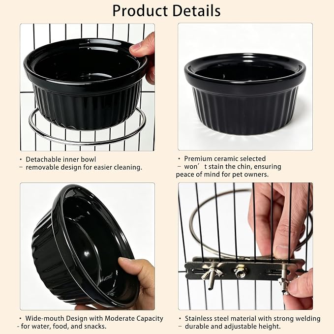 Rabbit Hanging Ceramic Bowl, Removable Cage Feeder Thick Ceramic Bowl with Stainless Steel Support Ring Pet Water Food Bowl for Small Animal Chinchilla Ferret Small Dog & Cat (4.92 * 1.97”) (Black)