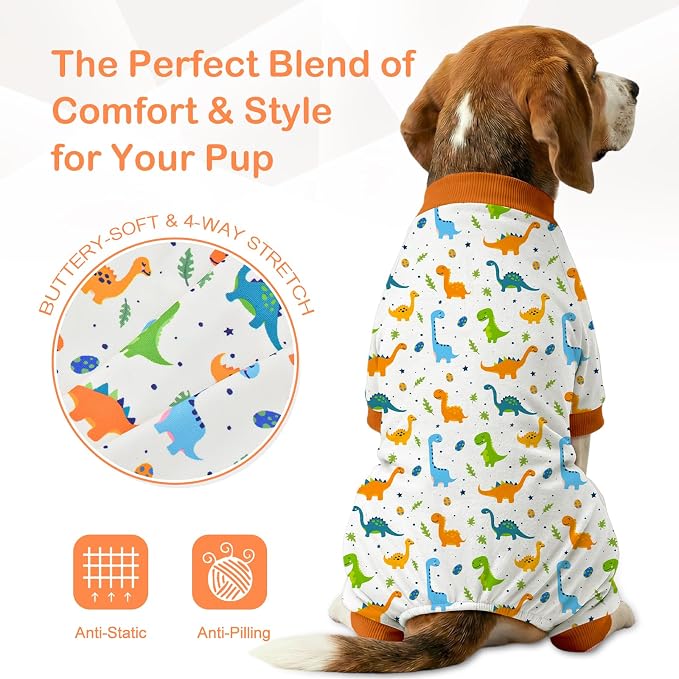 Dog Pajamas for Small Medium Dogs Recovery Suit Dog Pjs Dog Onesie Cute Soft Breathable Puppy Pajamas Pet Spring Summer Stretchy Pjs for Boy Girl - Orange Dinosaurs