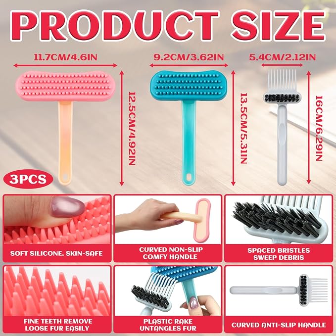 3PCS Rabbit Brush, Bunny Grooming Comb Pink & Blue Soft Silicone Small Pet Brushes with Grey Cleaning Brush, Small Animals Massager Cat Shedding Brush Pet Hair Remover Dog Combs for Kittens Puppies