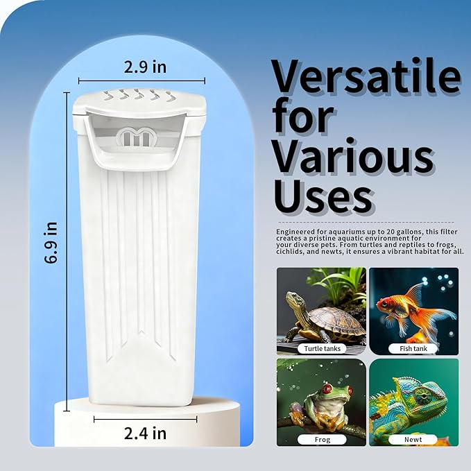 Small Aquarium Filter, Fish Tank Filter, Turtle Tank Filter,Ultra Silent 3.5W Low-Water Reptile Waterfall Filter for 1-15 Gallon (White Filter)