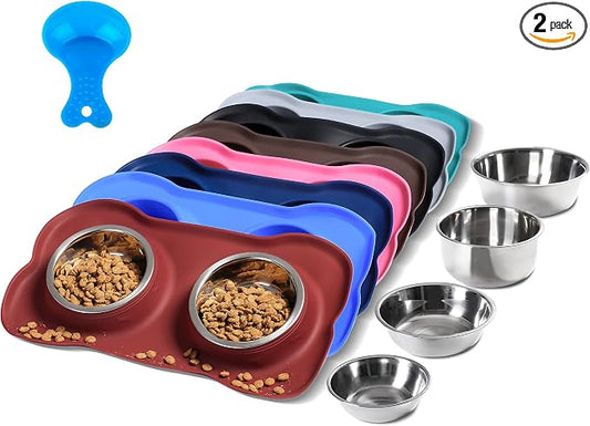 Hubulk Pet Dog Bowls 2 Stainless Steel Dog Bowl with No Spill Non-Skid Silicone Mat + Pet Food Scoop Water and Food Feeder Bowls for Feeding Small Medium Large Dogs Cats Puppies (Burgundy, Small)