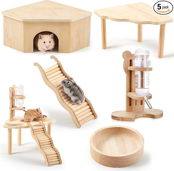 5 Pcs Hamster Cage Accessories, Wood Hamster Play Wooden Platform Water Bottle with Stand Climbing Set for Rat Mice Small Animals Pets Habitats Woodland Decor(Scalloped Platform)