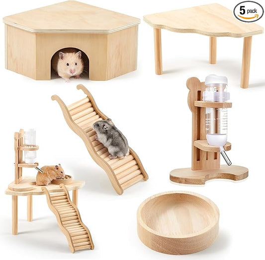 5 Pcs Hamster Cage Accessories, Wood Hamster Play Wooden Platform Water Bottle with Stand Climbing Set for Rat Mice Small Animals Pets Habitats Woodland Decor(Scalloped Platform)