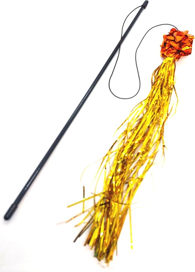 Kats'N Us 10 Inch Mylar Crinkle Ball with Tinsel Teaser Wand Cat Toy - Orange & Gold Sparkle, Crinkly, Hunting Instinct Play, Interactive Exercise Attachment for Indoor Cats