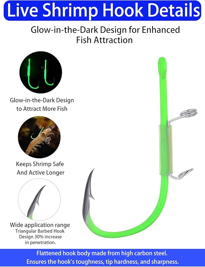 Luminous Shrimp Hooks 10/40 Packs Saltwater Fishing Hooks - Premium Carbon Steel Barbed Corrosion Resistant for Big Game Fish