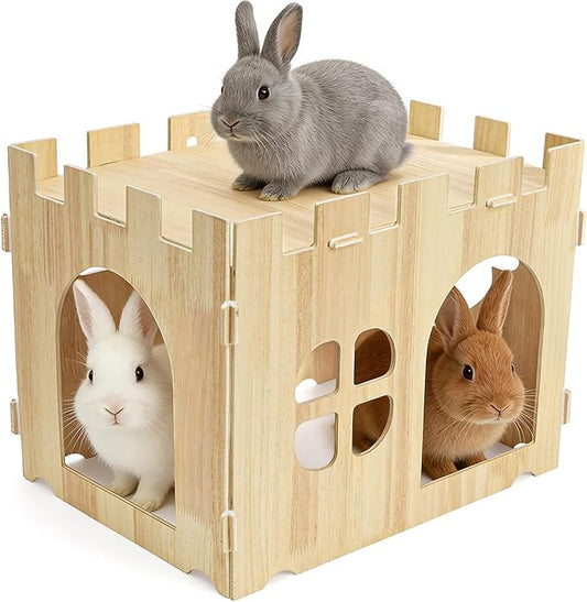 WUWEOT Large Wooden Rabbit House, 15.3''x11.3''x11.8'' Wood Bunny Hideout Castle, Small Animal Play Hideaway Hut and Playhouse for Indoor Adult Bunnies Guinea Pig Hamster Chinchilla Gerbil