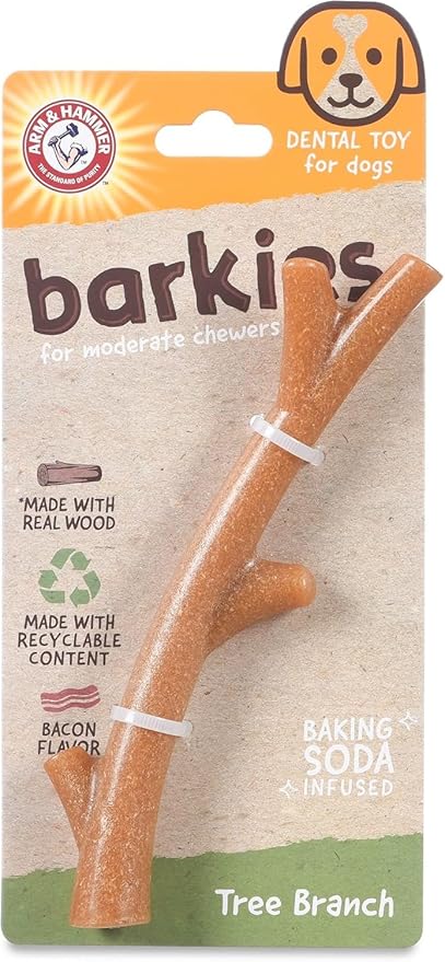 Arm & Hammer for Pets Barkies Tree Branch Compressed Wood Collection, 8 Inch Bacon Flavored Chew Toy for Dogs, Faux Stick, Splinter-Free, Safer Alternative to Chewing Sticks - 2 Pack