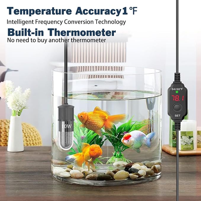 YOFOTHS Adjustable Mini Aquarium Heater 0.5/1/2/3 Gallon Submersible Small Fish Tank Heater 10W/20W/30W Digital Display Thermostat External Temperature Controller (10W)