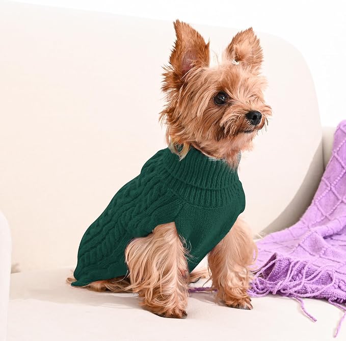 Dog Sweater 2 Pack for Small Dogs, Size XS, Green & Brown | Stretchy cable knit turtleneck, machine washable, high belly cut, comfy winter fit for Chihuahua, Yorkie