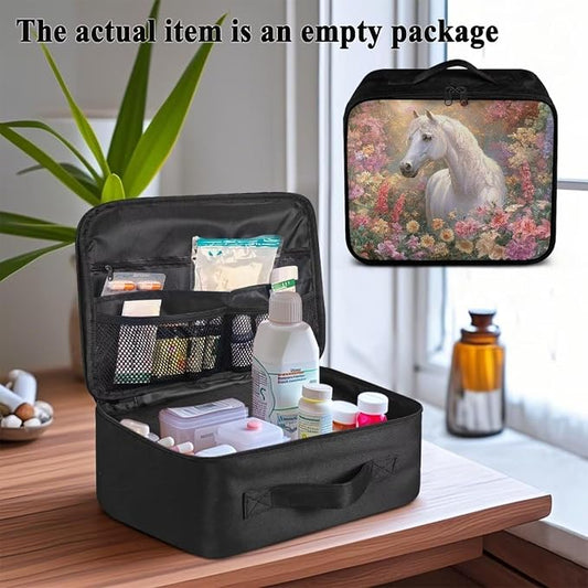 Rnyleeg Floral Horse Medical Kit for Home Portable First Aid Bag with Handle Empty First Aid Travel Kit Compact Emergency Medicine Supply Bag for Women