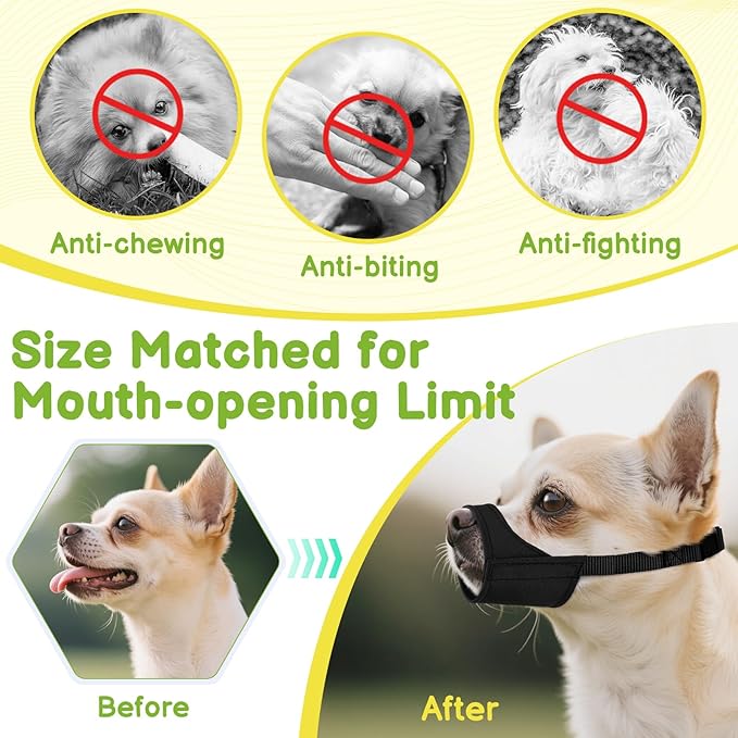 Mayerzon Short Snout Dog Muzzle for Small Medium Dogs, Soft & Sturdy Fabric, Anti Excessive Biting Chewing, Suits Chihuahua Shih Tzu Maltese for Grooming Vet Visits Walk, Allows Drinking(Black, S+)