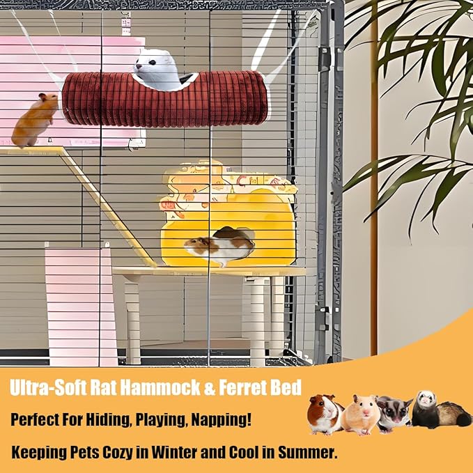 Ferret Rat Hammock Hamster Hanging Tunnels Tubes for Cage - Soft Guinea Pig Hideout Bed, Chinchilla Hammock for Small animals,GuineaPig,Ferret, Kitten,Squirrel,Chinchilla,Rat,Parrot (Tunnel-Brown)
