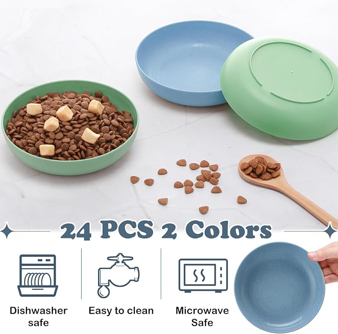 Tioncy 24 Pcs Cat Food Bowl 5.5'' Fatigue Relief Shallow Cat Food Dish Wide and Small Pet Wet Plate Wide Stray Wet Feeding Bowl for Ferrets Feral Short Legged Kitten, Wheat Straw(Blue,Green,Classic)