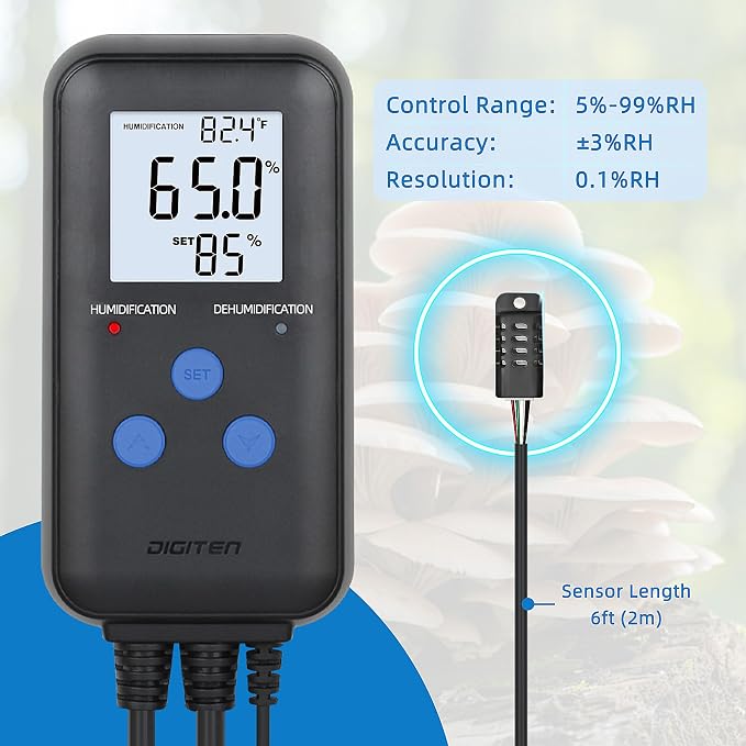 Digital Humidity Controller, Pre-Wired Humidity Controlled Dual Stage Outlets for Mushroom Growing, Reptile, Grow Tent, Humidifier/Dehumidifier
