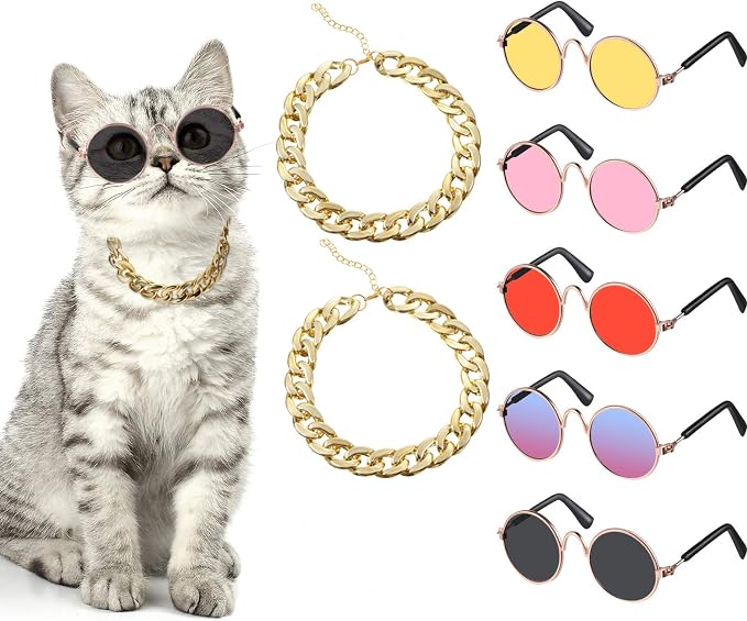 Weewooday 7 Pcs Dog Sunglasses Cats Sunglasses with 2 Gold Chain Retro Round Metal Glasses Funny Cute Cosplay Costume for Small Pet(Vivid Colors,Lovely Style)