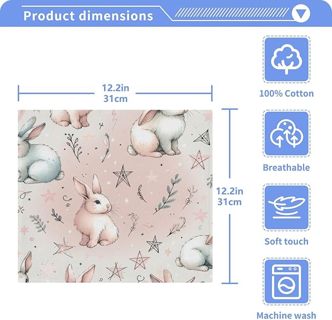 Qilmy Cute Rabbit Washcloths 2 Pack, 12x12 Inch Cotton Wash Cloths - Highly Absorbent Face Towels for Bathroom, Washing, Gym, and Spa